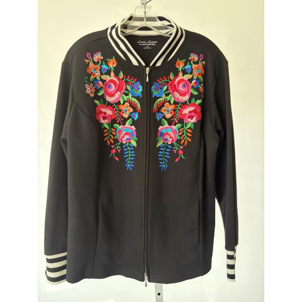 Linea Leisure Floral Embroidered Varsity Jacket Boho Black Multi Plus 1X